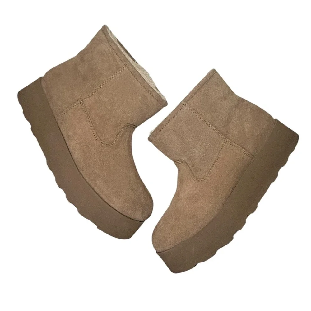 Suede Platform Ankle Boots Faux Shearling Lined Camel Brown 25033100 F24 US 8